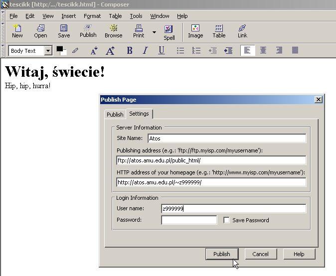 parametry opcji Publish